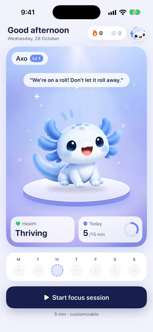 Axolive home screen: Axo on his pedestal, health Thriving, 5 of 15 minutes done today