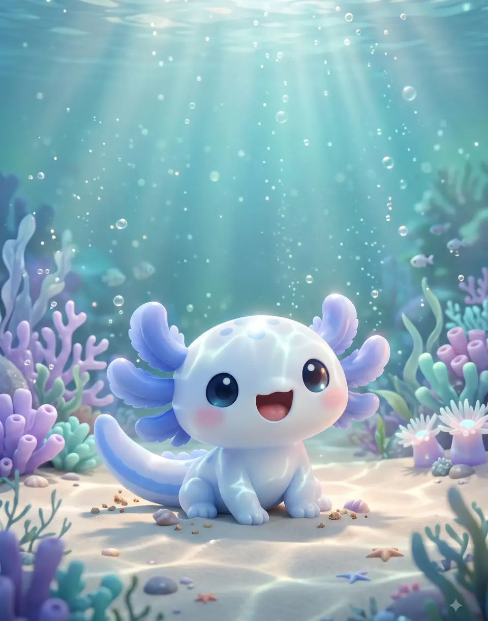 Axo, the axolotl, smiling on the sand in his lagoon